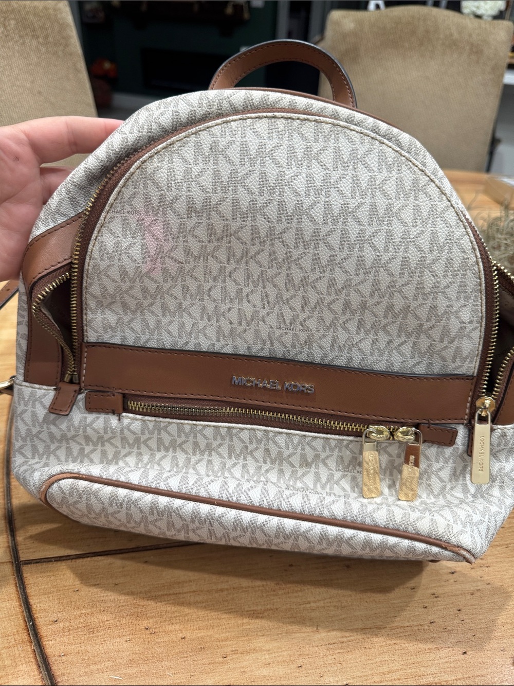 Michael Kors Cream and Brown Logo Mini Backpack